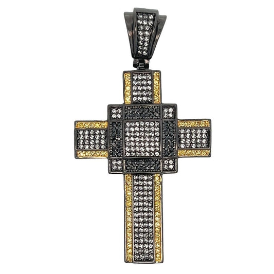 Boxy White Black & Yellow CZ Cross Iced Out Pendant