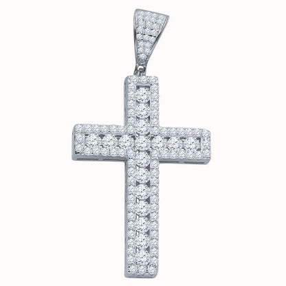 Channel Set Center Cross CZ Iced Out Pendant .925 Sterling Silver