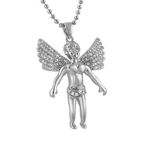 Cherub Angel Wings Spread CZ Rhodium Pendant