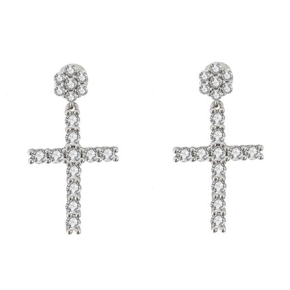 Cluster Stud Dangling L Tennis Cross CZ Iced Out Earrings .925 Silver