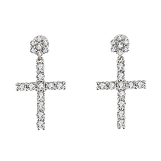 Cluster Stud Dangling Tennis Cross VVS Moissanite Earrings .925 Sterling Silver