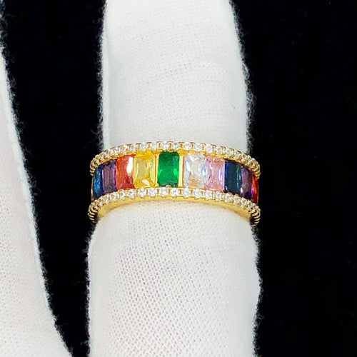 Colorful Baguette Eternity Gold Iced Out Ring .925 Sterling Silver