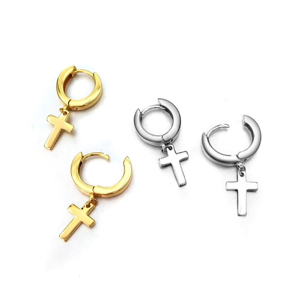 Cross Dangling Huggie Hoop Earrings .925 Silver