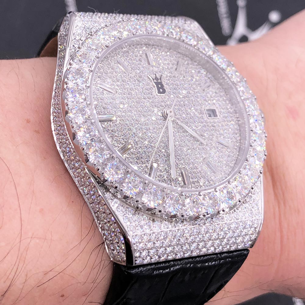 Crown Leather Iced Out Hip Hop Bling Bustdown Watch