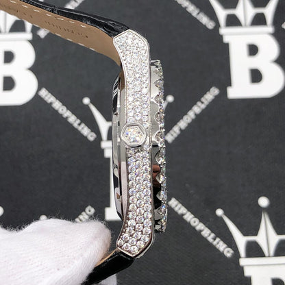 Crown Leather Iced Out Hip Hop Bling Bustdown Watch