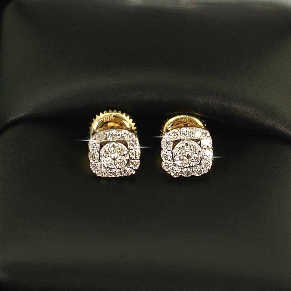 Cushion Halo Cluster Diamond Earrings .34cttw 10K Yellow Gold