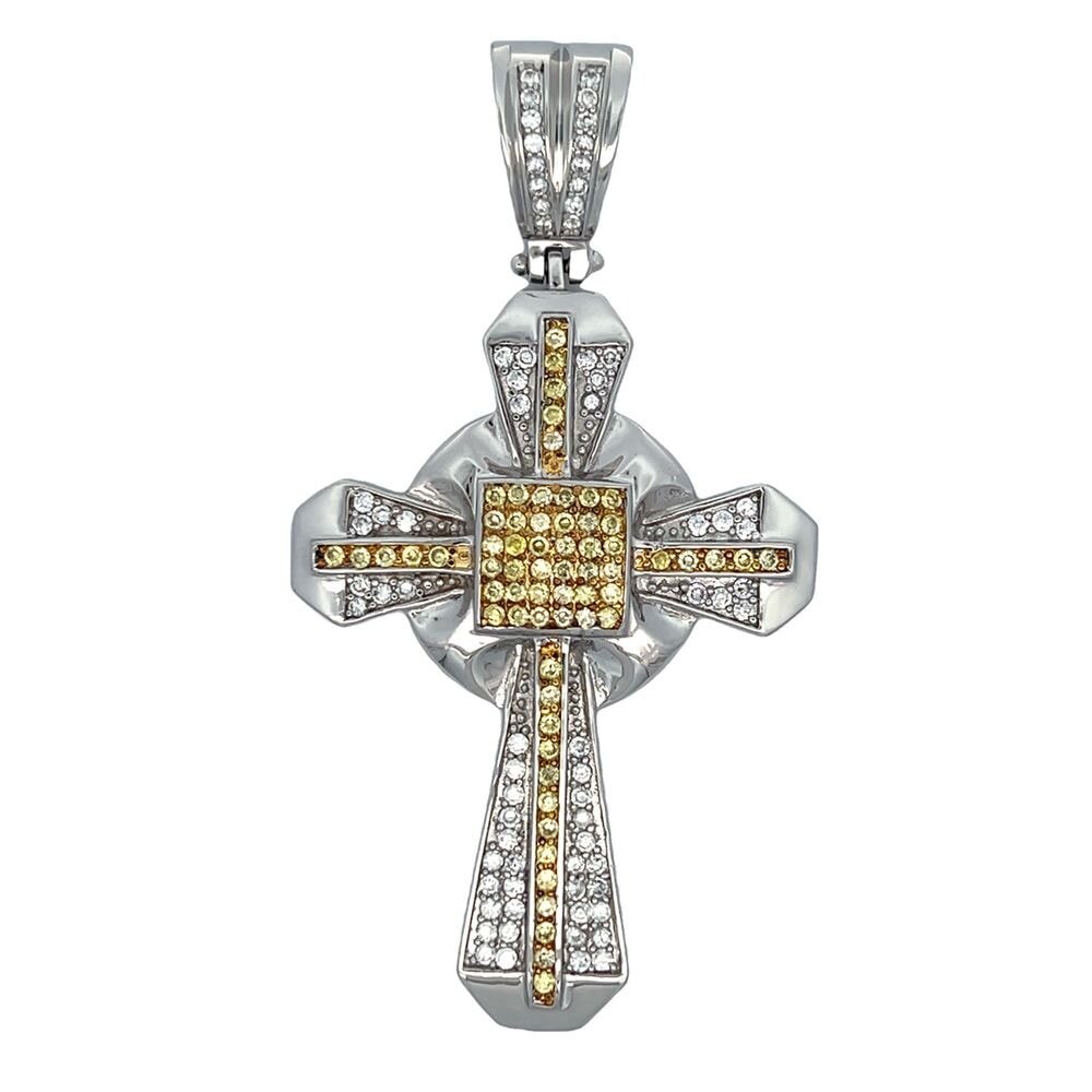 Custom Cross Canary & White CZ Iced Out Pendant