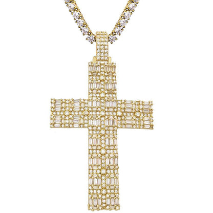 Custom Fat Baguette Cross Pendant in White / Yellow Gold