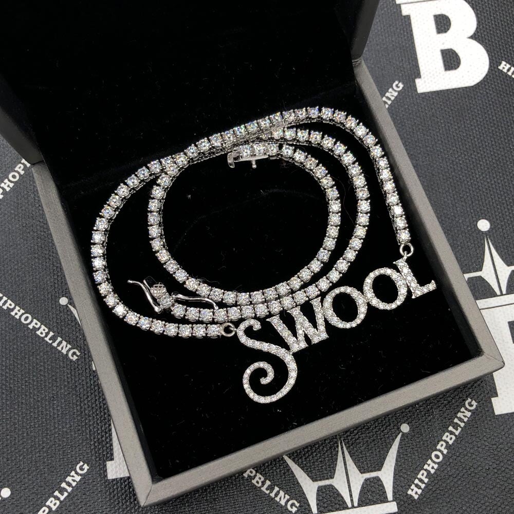 Custom Script Block VVS Moissanite/Diamond Pendant Tennis Chain