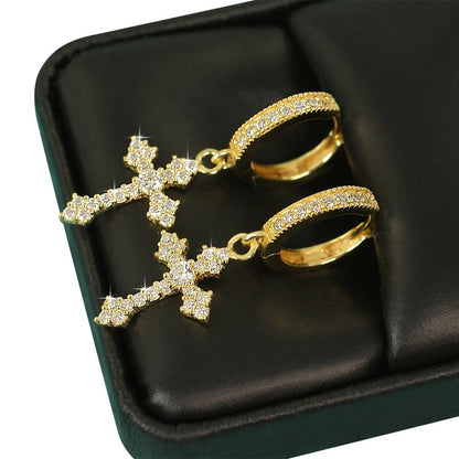 Dangling Antique Cross Hoop VVS Moissanite Earrings .925 Sterling Silver