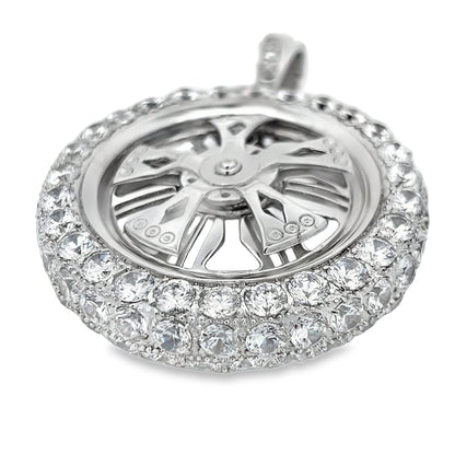 Diam Spoke Spinner Rim CZ Pendant .925 Sterling Silver