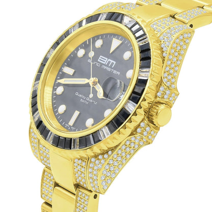 Divers CZ Black Dial Date Edge Link Iced Out Watch