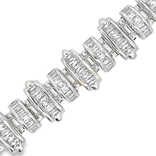 Domed Bars Baguette CZ Iced Out Bracelet .925 Sterling Silver