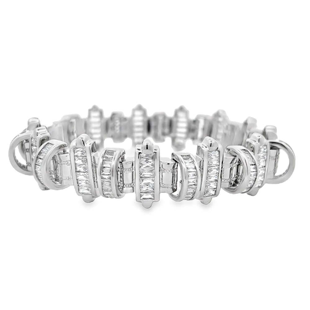 Domed Bars Baguette CZ Iced Out Bracelet .925 Sterling Silver